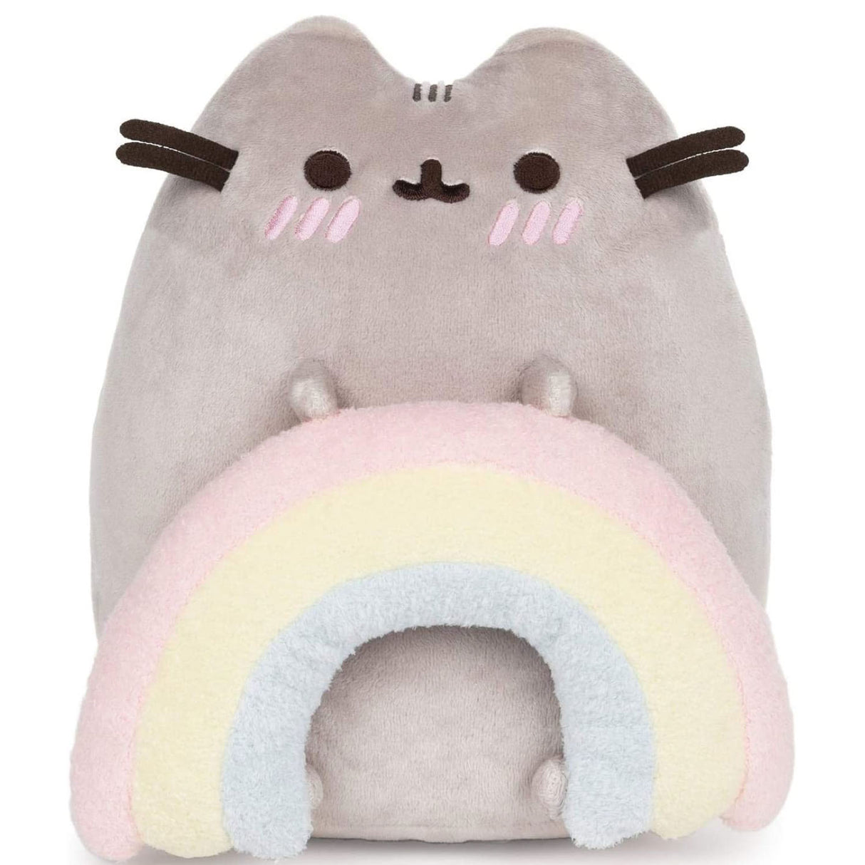 Rainbow Pusheen plush features a blushing gray cat holding a pastel rainbow with embroidered details, standing 9.5 inches tall.
