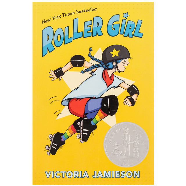 Roller Girl book cover showing a girl roller skating with protective gear on a bright yellow background