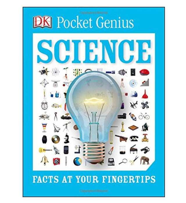 Cover of Pocket Genius Science book featuring a large light bulb and science icons on a blue background.