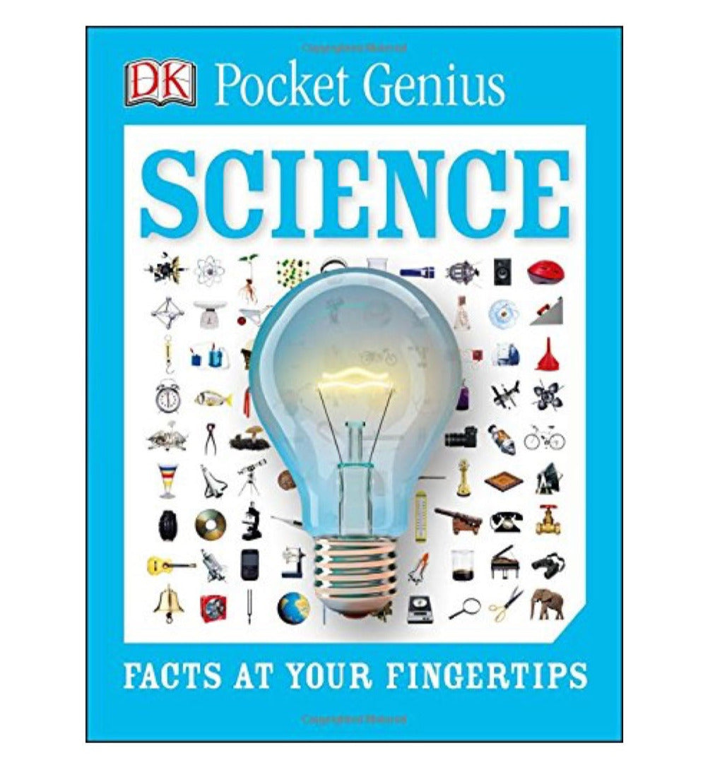 Cover of Pocket Genius Science book featuring a large light bulb and science icons on a blue background.