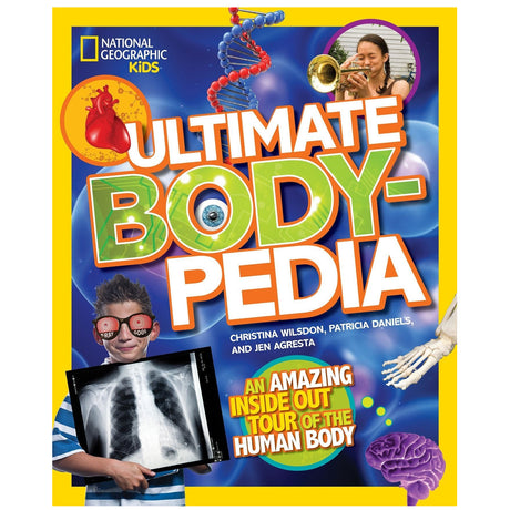 Ultimate BodyPedia book cover showing human body elements, a child with X-ray, and educational illustrations for kids ages 7-11.