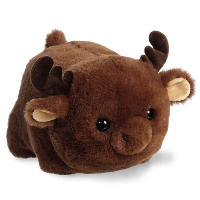 Spudster Moose Morty plush stuffed animal with soft brown fur and adorable moose features, perfect for cuddling.