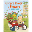 Oscar’s Tower of Flowers shows a child pulling a red wagon full of flowers with a cat nearby in a garden setting.