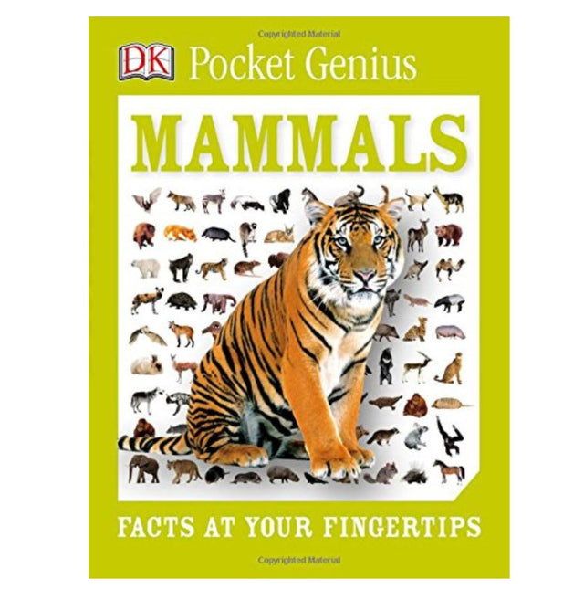 Pocket Genius Mammals book cover featuring a tiger and multiple mammal illustrations on a bright green background.