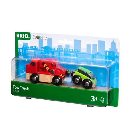 Toy Tow Truck with magnetic coupling lifting and towing a green car, suitable for ages 3 and up.