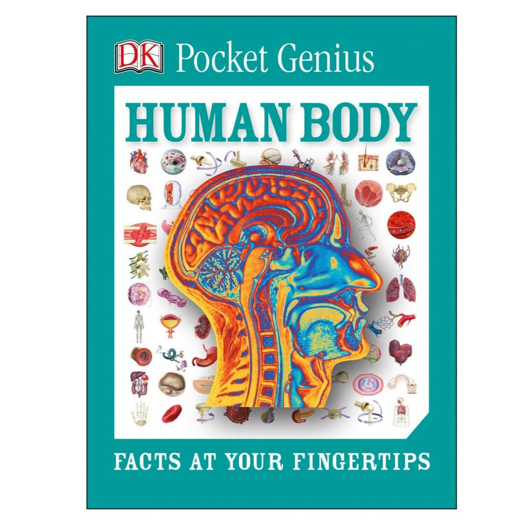 Pocket Genius Human Body book cover showing detailed colorful human head anatomy and small body system icons.