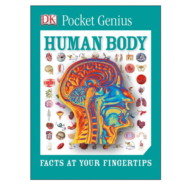 Pocket Genius Human Body book cover showing detailed colorful human head anatomy and small body system icons.