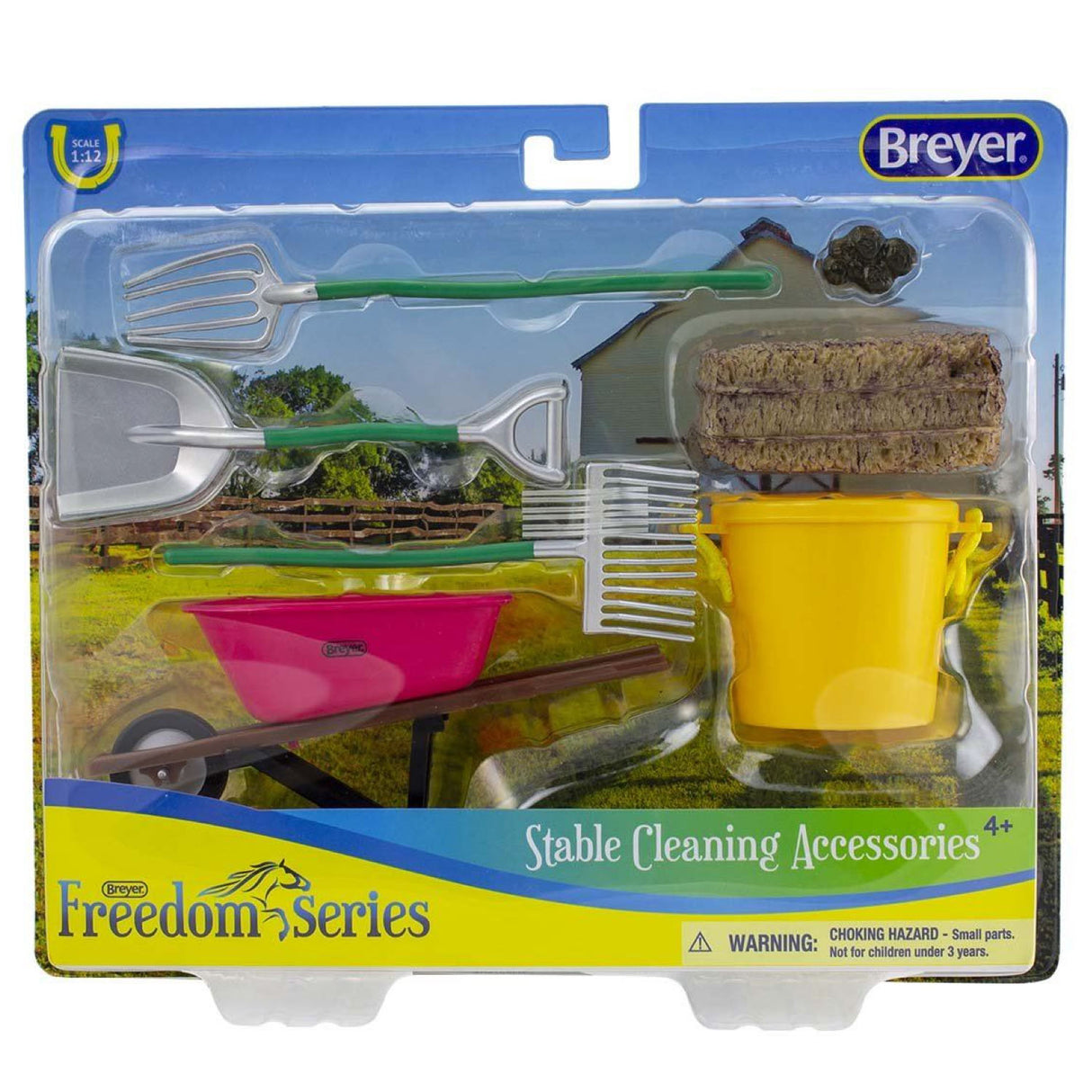 Stable Cleaning Accessories set includes wheelbarrow, muck bucket, shovel, rake, pitchfork, hay bale, and imitation manure for kids.