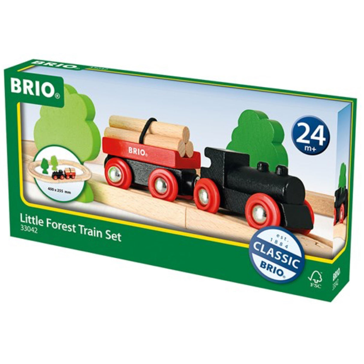 Little Forest Set wooden train with logs on BRIO track, perfect for imaginative forest play for ages 2 and up.