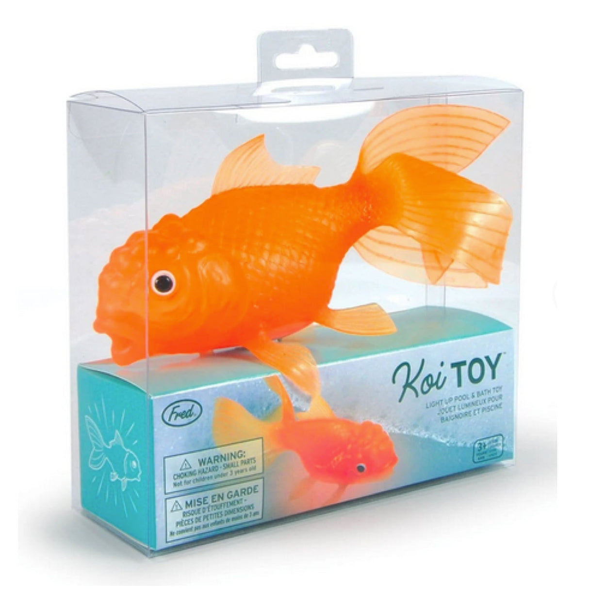 Koi Toy Light Up Goldfish floating bath toy glowing bright orange and yellow in clear packaging.