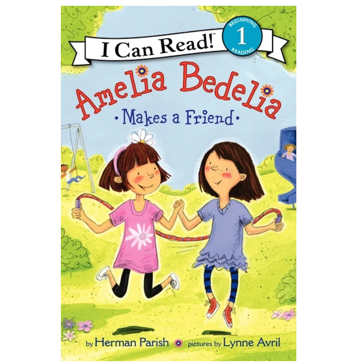 Level 1 Amelia Bedelia Makes a Friend book cover with two girls skipping rope and playing outside.