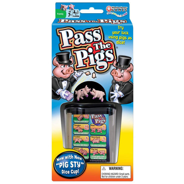 Pass the Pigs game with pig-shaped dice, scorepad, and dice cup in colorful packaging for family fun.