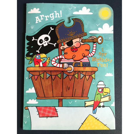 Pirate Birthday Foldout Card with a pirate and parrots aboard a ship, glitter accents, and "I Spy Birthday Fun!" text.