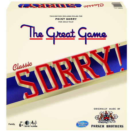 Classic Sorry board game box featuring The Great Game logo and Parker Brothers branding for family play ages 6 and up.