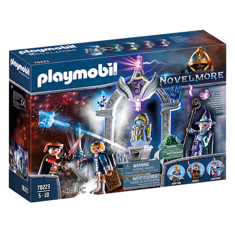 Playmobil Novelmore Temple of Time set with knights, wizard Timithor, archway, and glowing laser sword, ages 5-10.