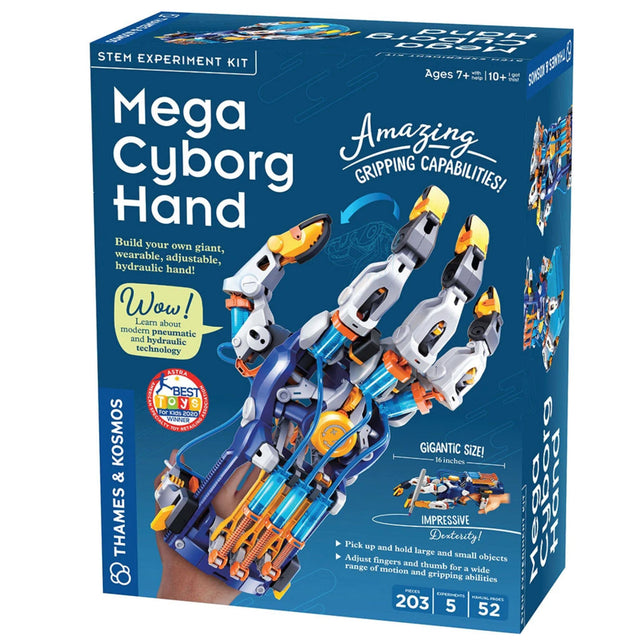Mega Cyborg Hand STEM kit box showing hydraulic mechanical glove for building and adjustable gripping hand model.