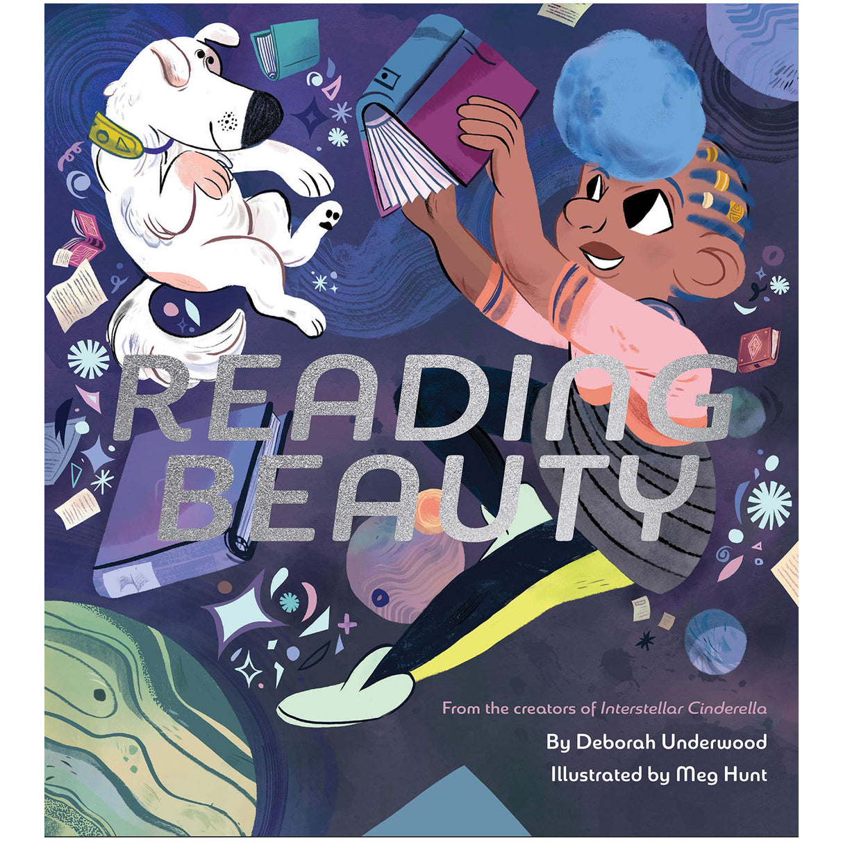 Reading Beauty book cover featuring a space princess and her dog floating among planets and books in space.