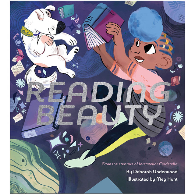 Reading Beauty book cover featuring a space princess and her dog floating among planets and books in space.