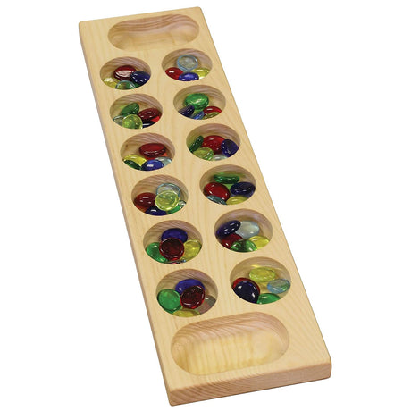 Mancala wooden game board with colorful stones, crafted from sustainably harvested pine with urethane finish.