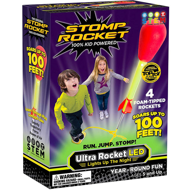 Stomp Rocket Ultra LED toy packaging with kids stomping to launch foam-tipped rockets up to 100 feet high.