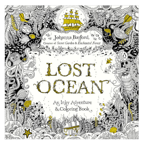 Lost Ocean Coloring Book cover featuring intricate black and gold underwater illustrations by Johanna Basford.
