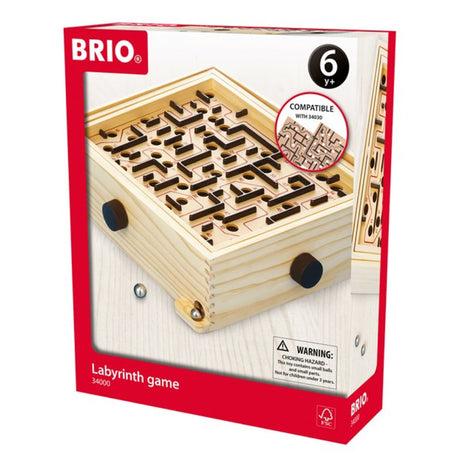 Labyrinth game box showing wooden maze with handles to tilt and guide metal ball, for ages 6 and up.