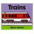 Trains book cover by Byron Barton featuring a bold, colorful train illustration for young readers.