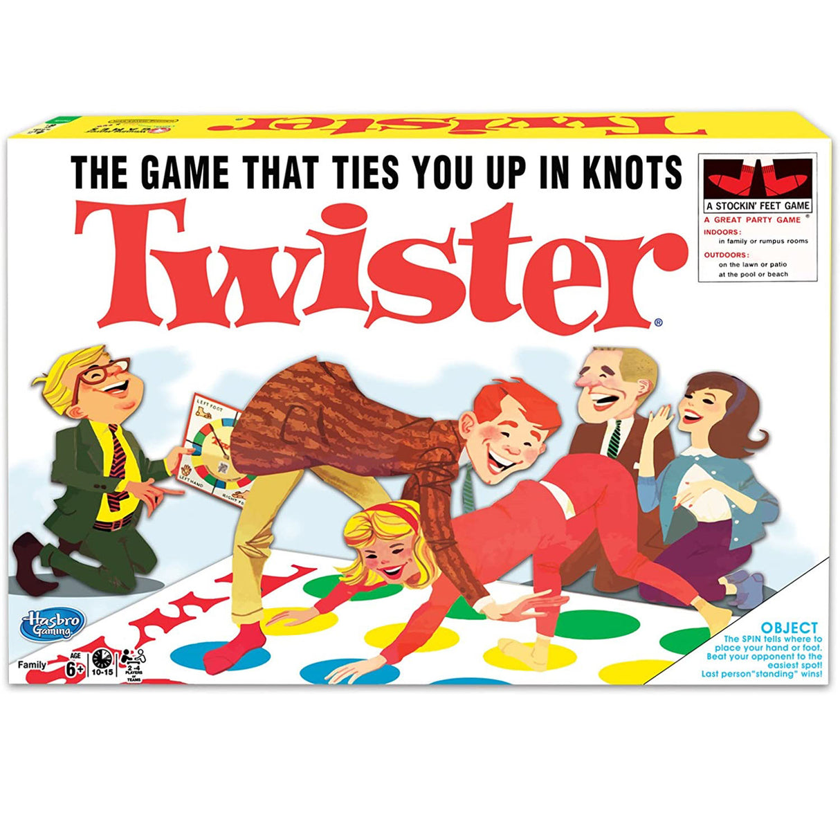 Twister game box featuring cartoon characters playing on a colorful vinyl mat, classic party game for ages 6 and up.