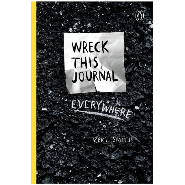 Wreck This Journal Everywhere book cover with crumpled paper design and textured black background by Keri Smith.