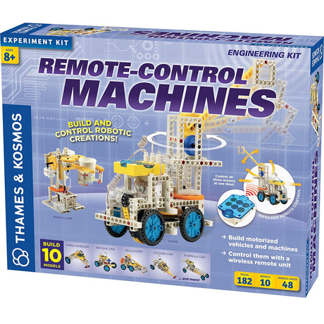 Remote Control Machines kit with motors, wireless remote, and building pieces to create motorized vehicles and robotic models.