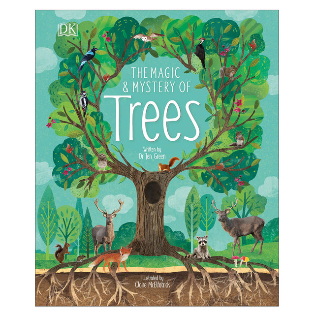 Cover of The Magic and Mystery of Trees book showing a large tree with animals and underground roots.
