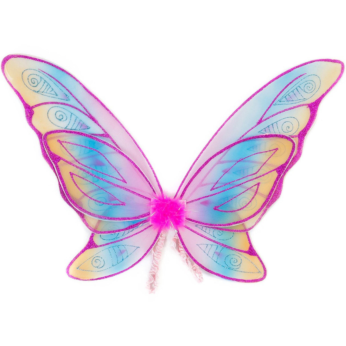 Glitter Rainbow Wings with vibrant rainbow colors, glitter accents, and comfortable satin-lined elastic for ages 3 and up.