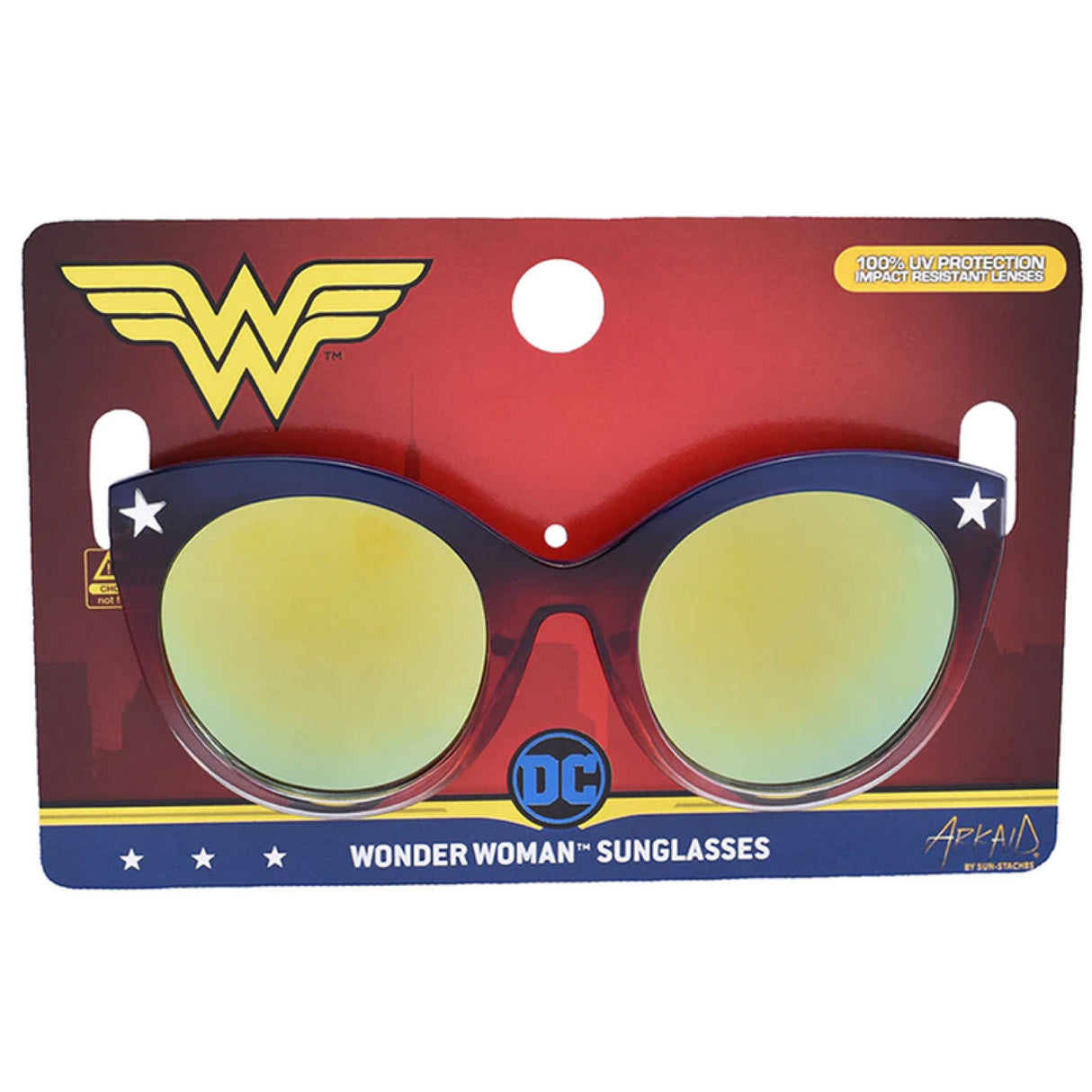 Arkaid Wonder Woman Sunglasses with red white blue star frame and UV protective impact resistant lenses for kids.