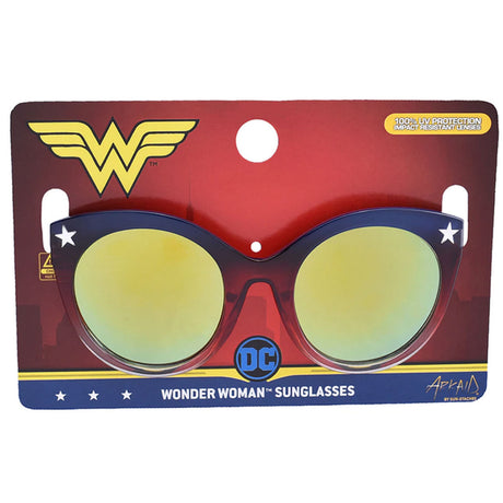 Arkaid Wonder Woman Sunglasses with red white blue star frame and UV protective impact resistant lenses for kids.