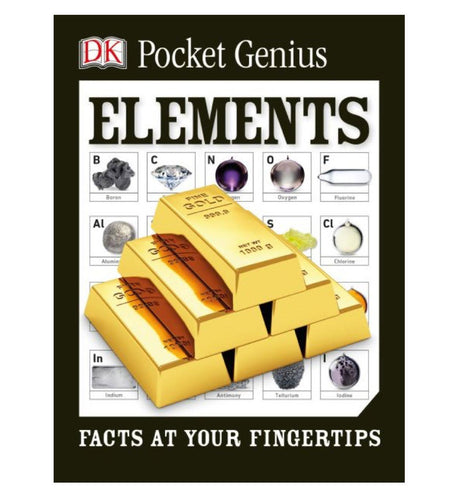 Pocket Genius Elements book cover with gold bars and element symbols showcasing the periodic table facts.