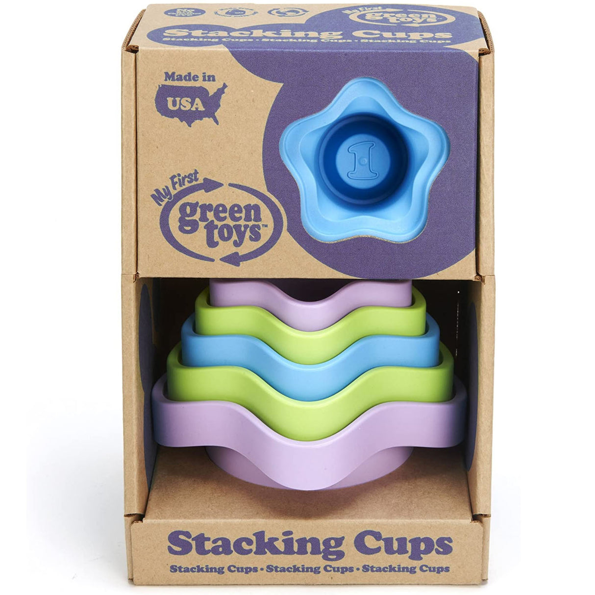 Stacking Cups colorful nesting scooping cups in eco-friendly packaging for bath and play, made in the USA.