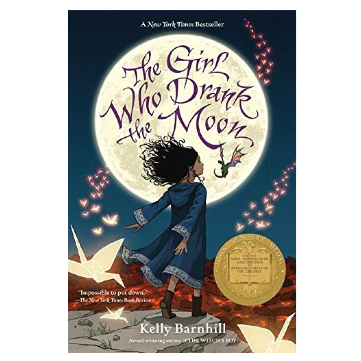 The Girl Who Drank the Moon book cover shows a girl and a tiny dragon beneath a glowing full moon.