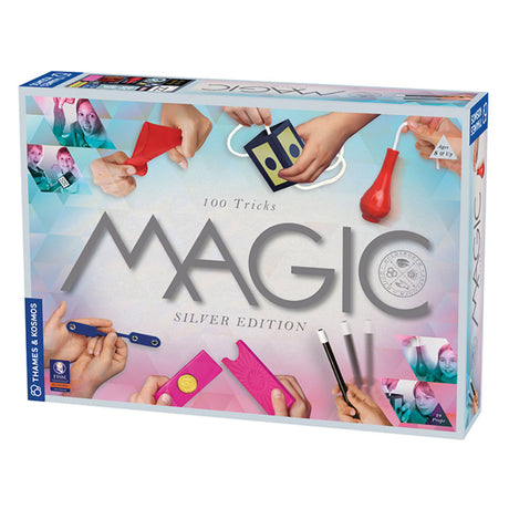 Magic Set Silver Edition box with hands performing various magic tricks using colorful props and wands.