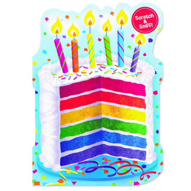 Rainbow Cake Scratch & Sniff Card featuring a colorful layered cake with lit candles and confetti, scented with vanilla.