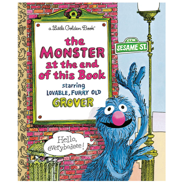 Cover of Little Golden Book The Monster at the End of the Book featuring Grover from Sesame Street waving hello.