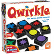 Qwirkle board game box displays colorful wooden tiles with shapes for ages 6+, 2-4 players, strategic matching and scoring fun.