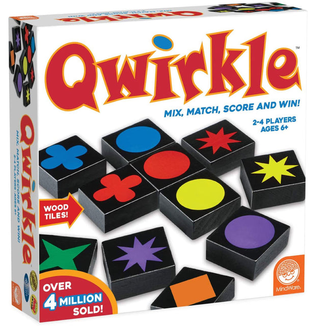 Qwirkle board game box displays colorful wooden tiles with shapes for ages 6+, 2-4 players, strategic matching and scoring fun.
