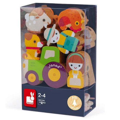 Lacing Farm Beads wooden animal and character figurines with tractor and string for toddlers ages 2-4.