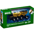 Mighty Golden Action Locomotive toy train with shiny gold paint, battery-powered, light and sound effects in green BRIO packaging.