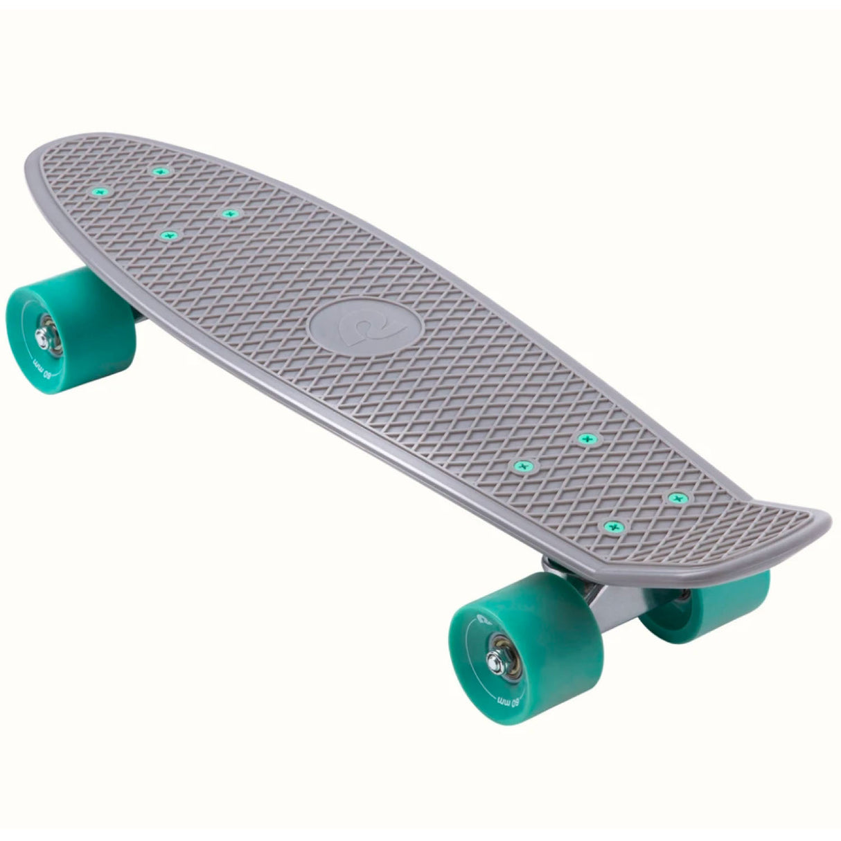 Quip Mini Cruiser Skateboard | Shark in gray with teal wheels, compact 22.5” retro cruiser design for easy commuting.