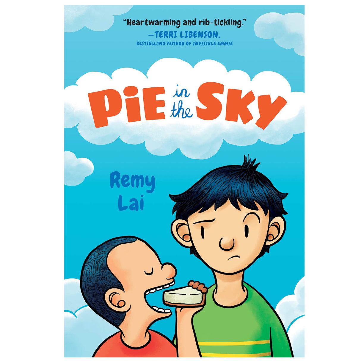 Cover of Pie in the Sky showing two brothers with a cake slice against a blue sky with clouds background.
