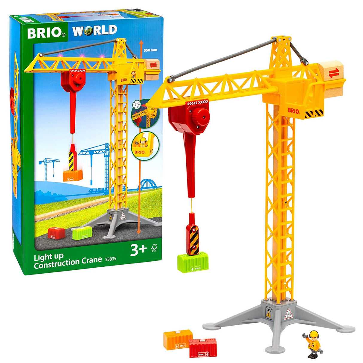 Light Up Construction Crane toy with yellow crane, red hook, and colorful blocks for toddlers aged 3 and up.