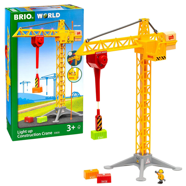 Light Up Construction Crane toy with yellow crane, red hook, and colorful blocks for toddlers aged 3 and up.