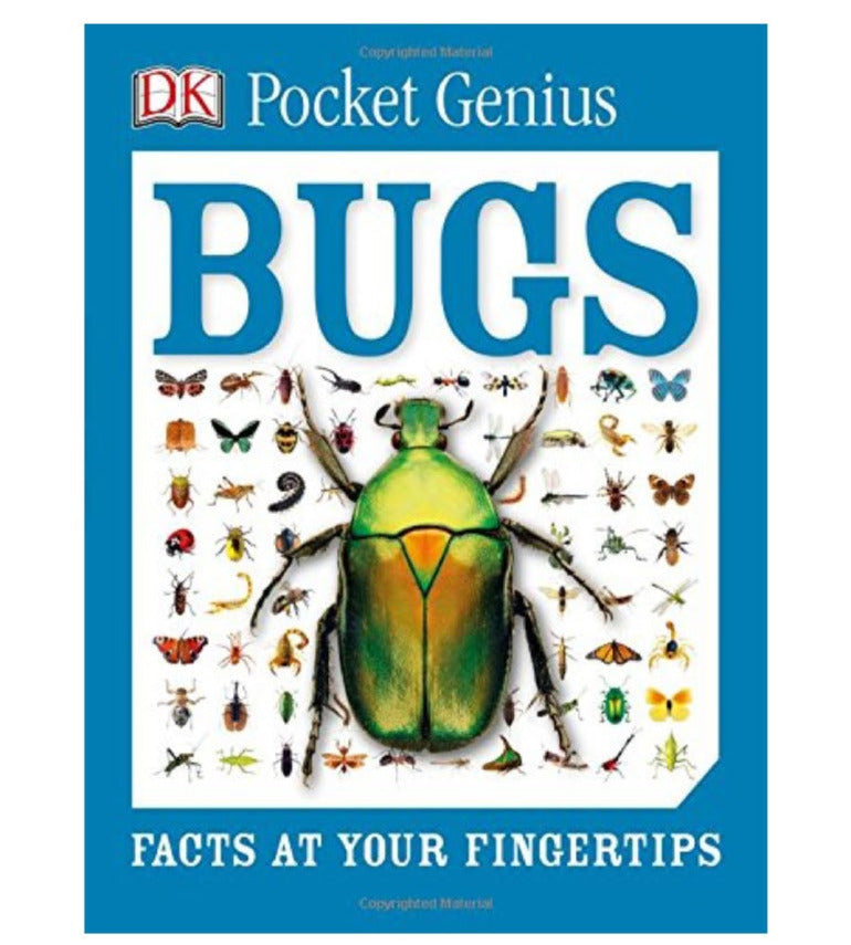 Pocket Genius Bugs book cover showing colorful beetle and various insects with facts for children aged 8-12.