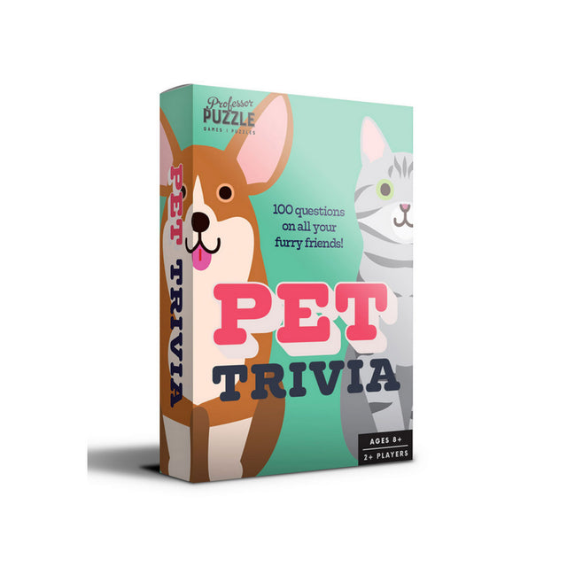 Pets Mini Trivia card game box featuring a playful dog and cat illustration for ages 8 and up.